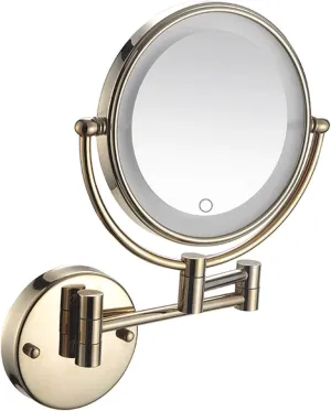 Wall Mounted Makeup Mirror Lighted, 8 Inch Double Sided Cosmetic Mirror, 360° Swivel Extendable Cosmetic Vanity Mirror, Shaving Mirror with 3X/5X/7X/10X Magnifying, Round,Golden-7X