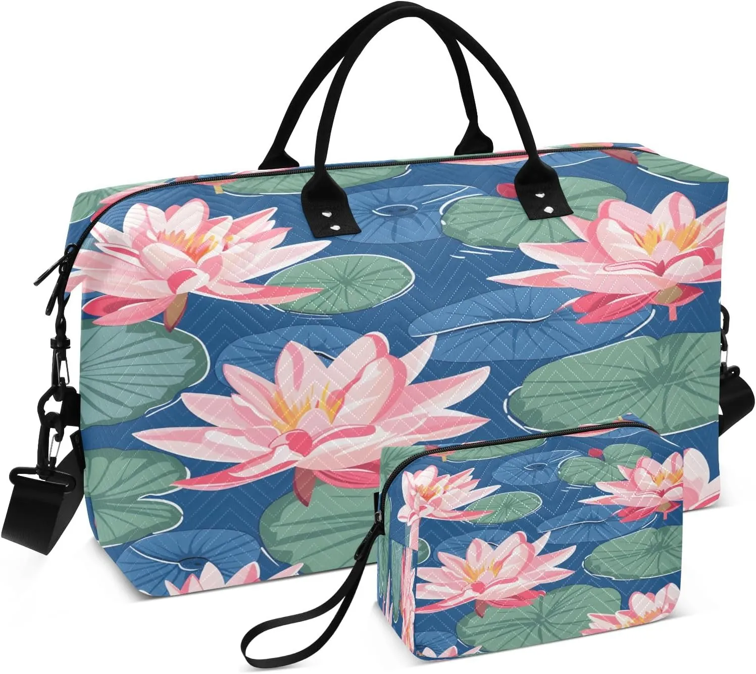 Water Lilies Pink Travel Duffel Bags with Toiletry Bag for Travel Gym Yoga Weekender Bag