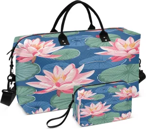 Water Lilies Pink Travel Duffel Bags with Toiletry Bag for Travel Gym Yoga Weekender Bag