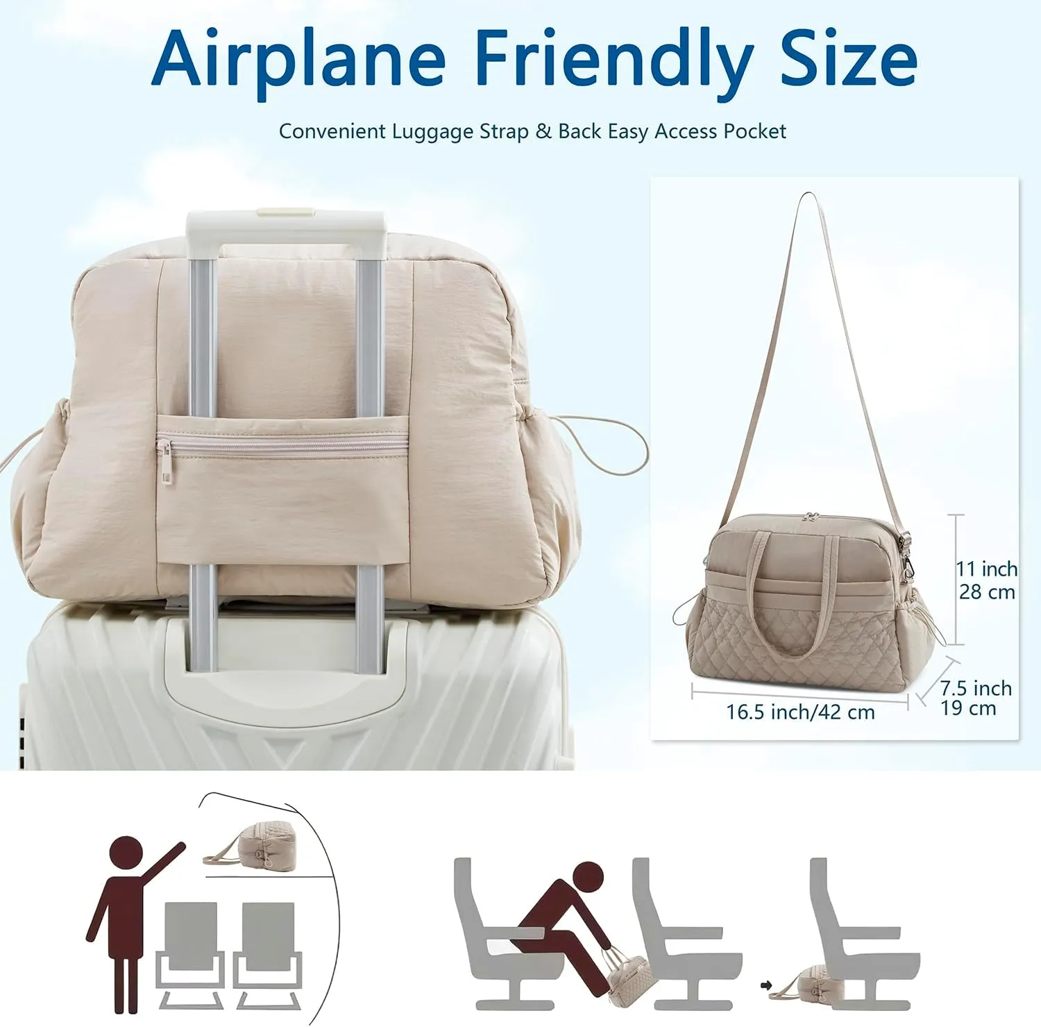 Water-Resistant Women's Duffle Bag - Carry On Approved Gym Tote with Wet Pocket, Lightweight Weekender Overnight Bag for Travel, Sports, Hospital 16.5x7.5x11 Inch Personal Item Bags (Camel)