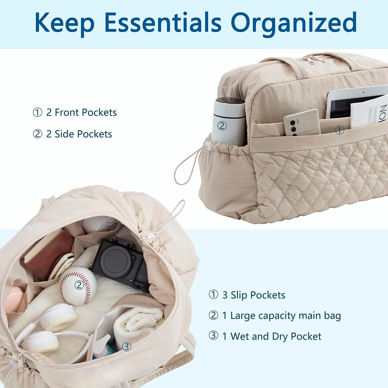 Water-Resistant Women's Duffle Bag - Carry On Approved Gym Tote with Wet Pocket, Lightweight Weekender Overnight Bag for Travel, Sports, Hospital 16.5x7.5x11 Inch Personal Item Bags (Camel)