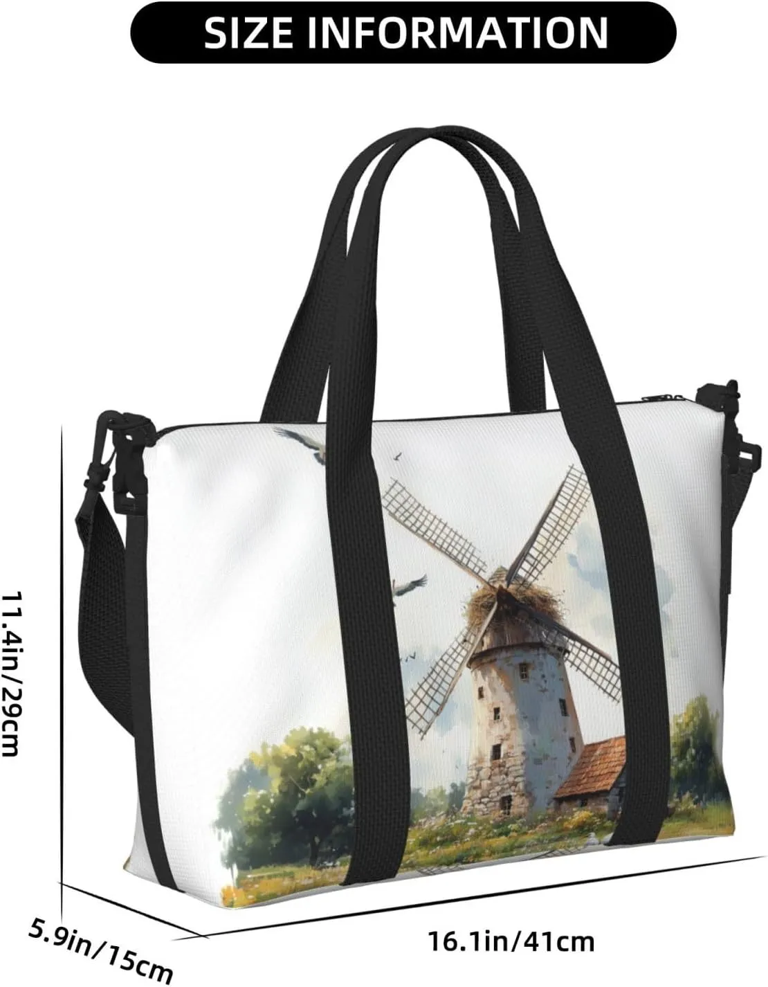 watercolor old windmill print Travel Duffel Bag, Sports Tote Gym Bag, Swim Pool Bag Large Shoulder Tote Bag for Beach Weekender