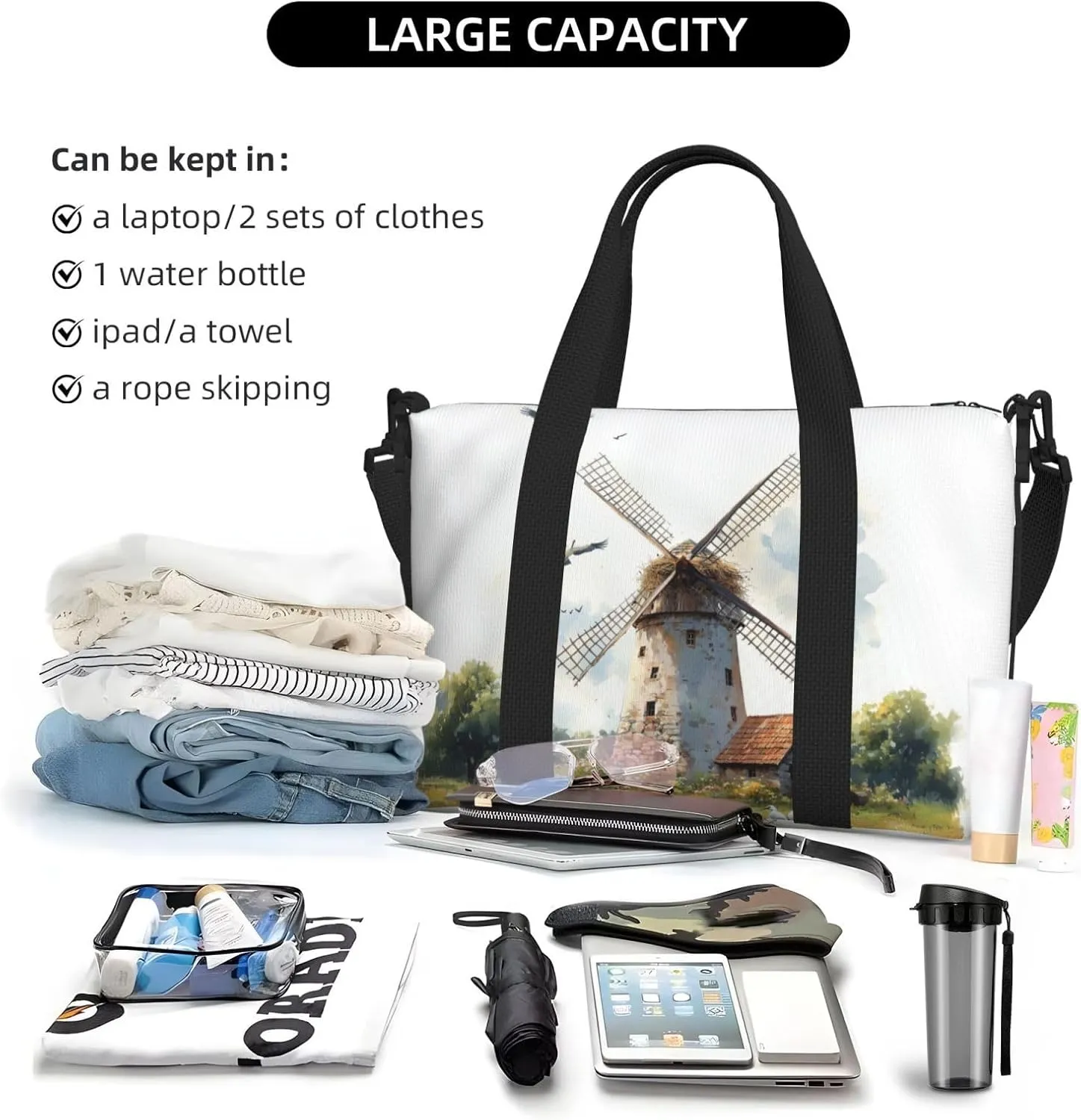 watercolor old windmill print Travel Duffel Bag, Sports Tote Gym Bag, Swim Pool Bag Large Shoulder Tote Bag for Beach Weekender