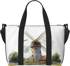 watercolor old windmill print Travel Duffel Bag, Sports Tote Gym Bag, Swim Pool Bag Large Shoulder Tote Bag for Beach Weekender