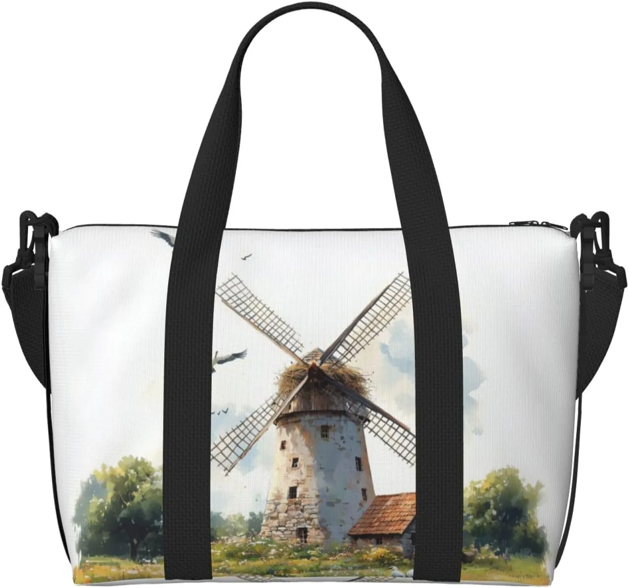 watercolor old windmill print Travel Duffel Bag, Sports Tote Gym Bag, Swim Pool Bag Large Shoulder Tote Bag for Beach Weekender