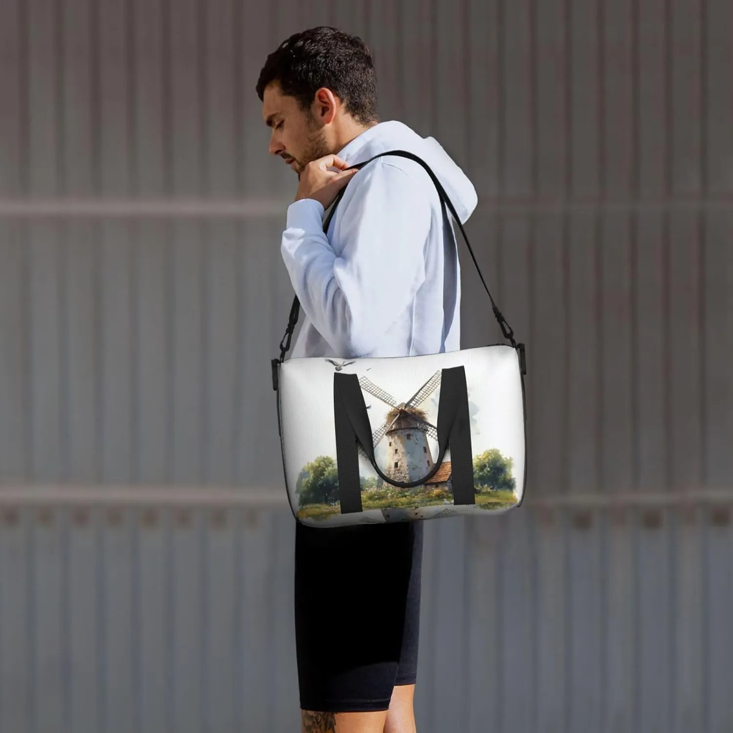 watercolor old windmill print Travel Duffel Bag, Sports Tote Gym Bag, Swim Pool Bag Large Shoulder Tote Bag for Beach Weekender