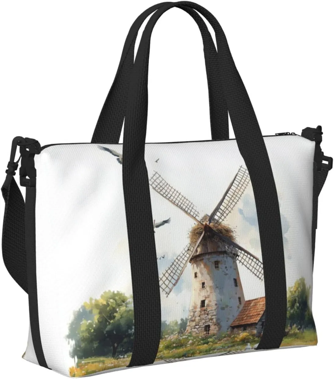watercolor old windmill print Travel Duffel Bag, Sports Tote Gym Bag, Swim Pool Bag Large Shoulder Tote Bag for Beach Weekender