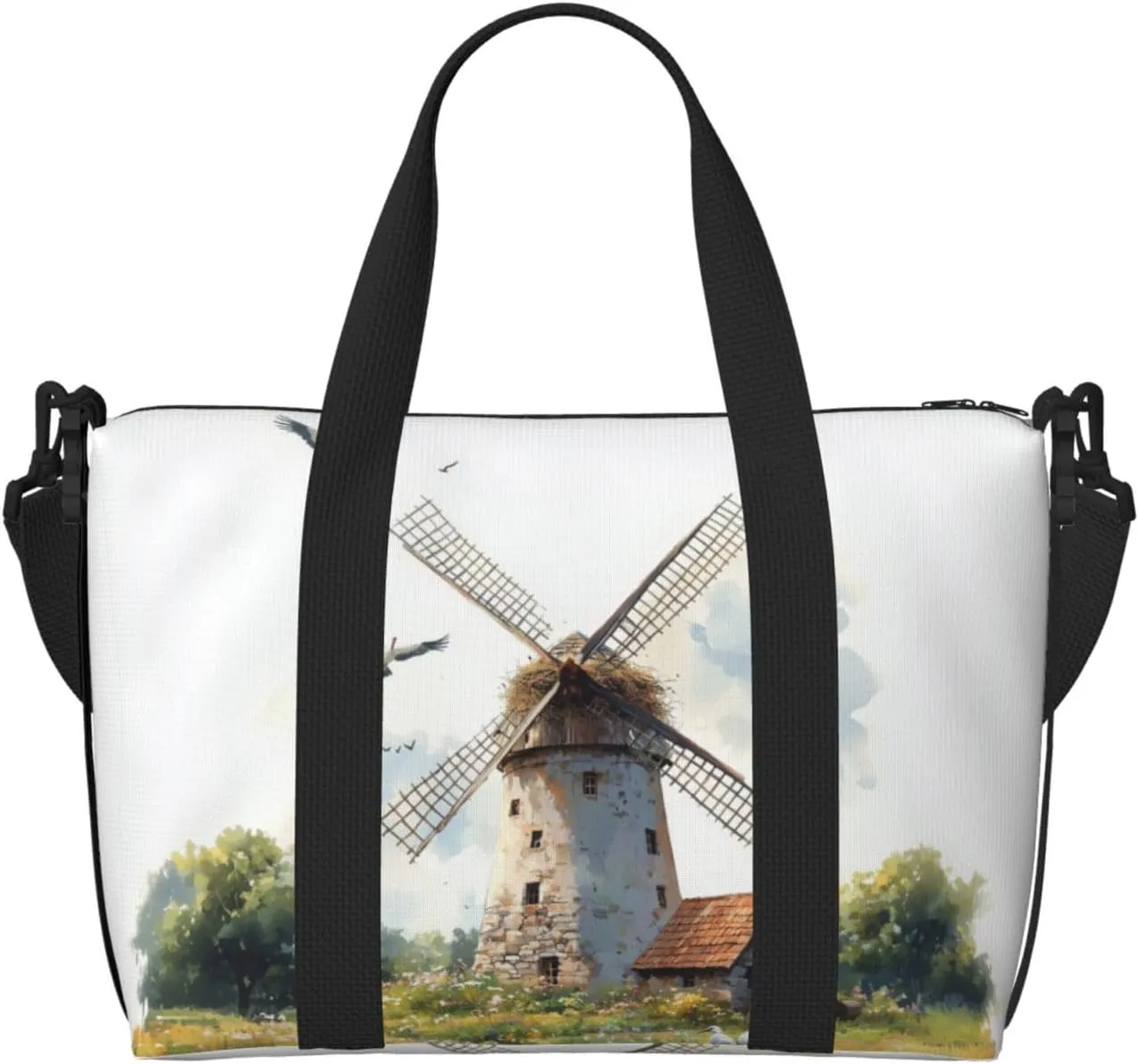watercolor old windmill print Travel Duffel Bag, Sports Tote Gym Bag, Swim Pool Bag Large Shoulder Tote Bag for Beach Weekender