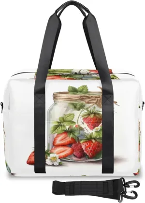 Watercolor Strawberries Slice Jar Womens Travel Bags, Weekender Carry on for Women, Sports Gym Bag, Workout Duffel bag, Overnight Shoulder Bag