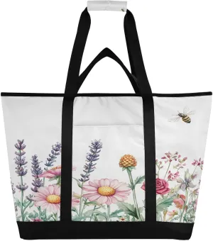 Watercolor Wildflowers Reusable Insulated Lunchbox Cooler Bag, Leakproof Kitchen Grocery Bag Collapsible Portable Cooler Tote Bag for Picnic, Camping, Office, Travel