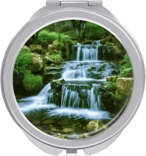 Waterfall Flowing Down Travel Makeup Mirror, 1x/2x Magnification, Portable Pocket Mirror for Purse Round Mini Cosmetic Compact Mirror Cute Handbag Mirror