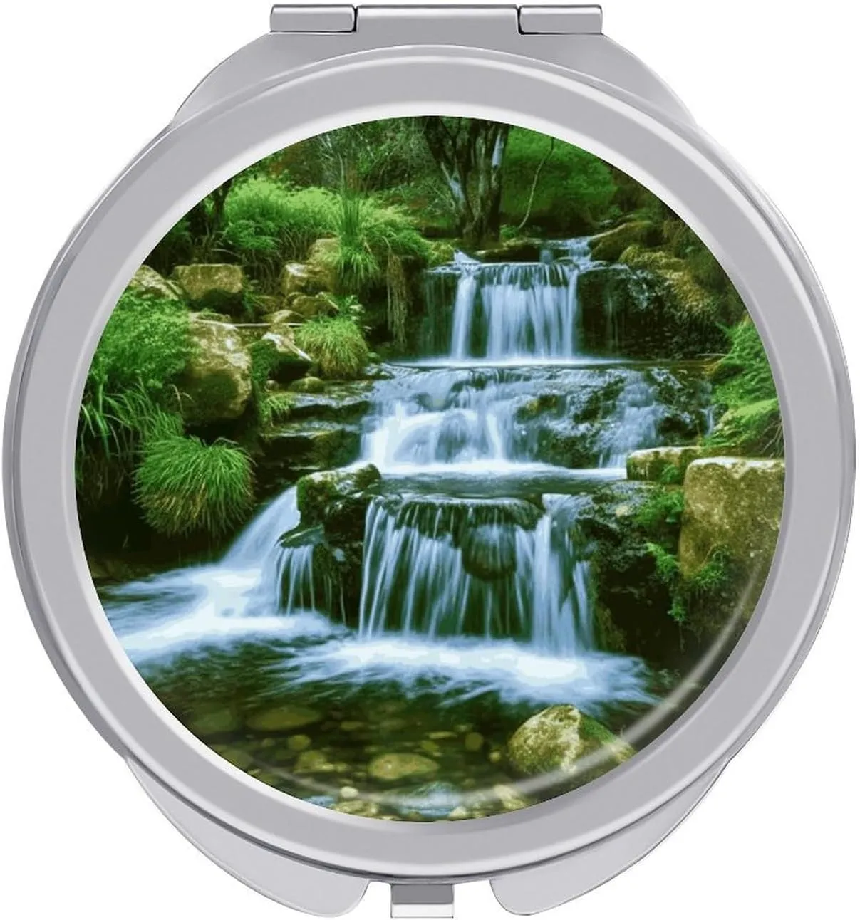 Waterfall Flowing Down Travel Makeup Mirror, 1x/2x Magnification, Portable Pocket Mirror for Purse Round Mini Cosmetic Compact Mirror Cute Handbag Mirror