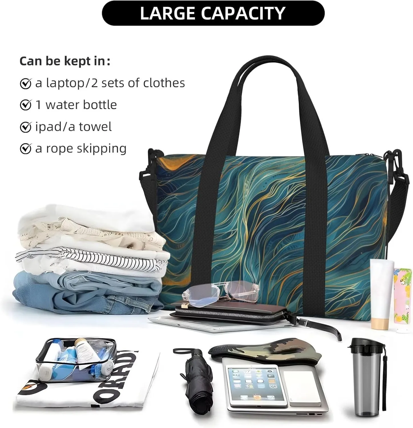 wavy lines blues greens print Travel Duffel Bag, Sports Tote Gym Bag, Swim Pool Bag Large Shoulder Tote Bag for Beach Weekender