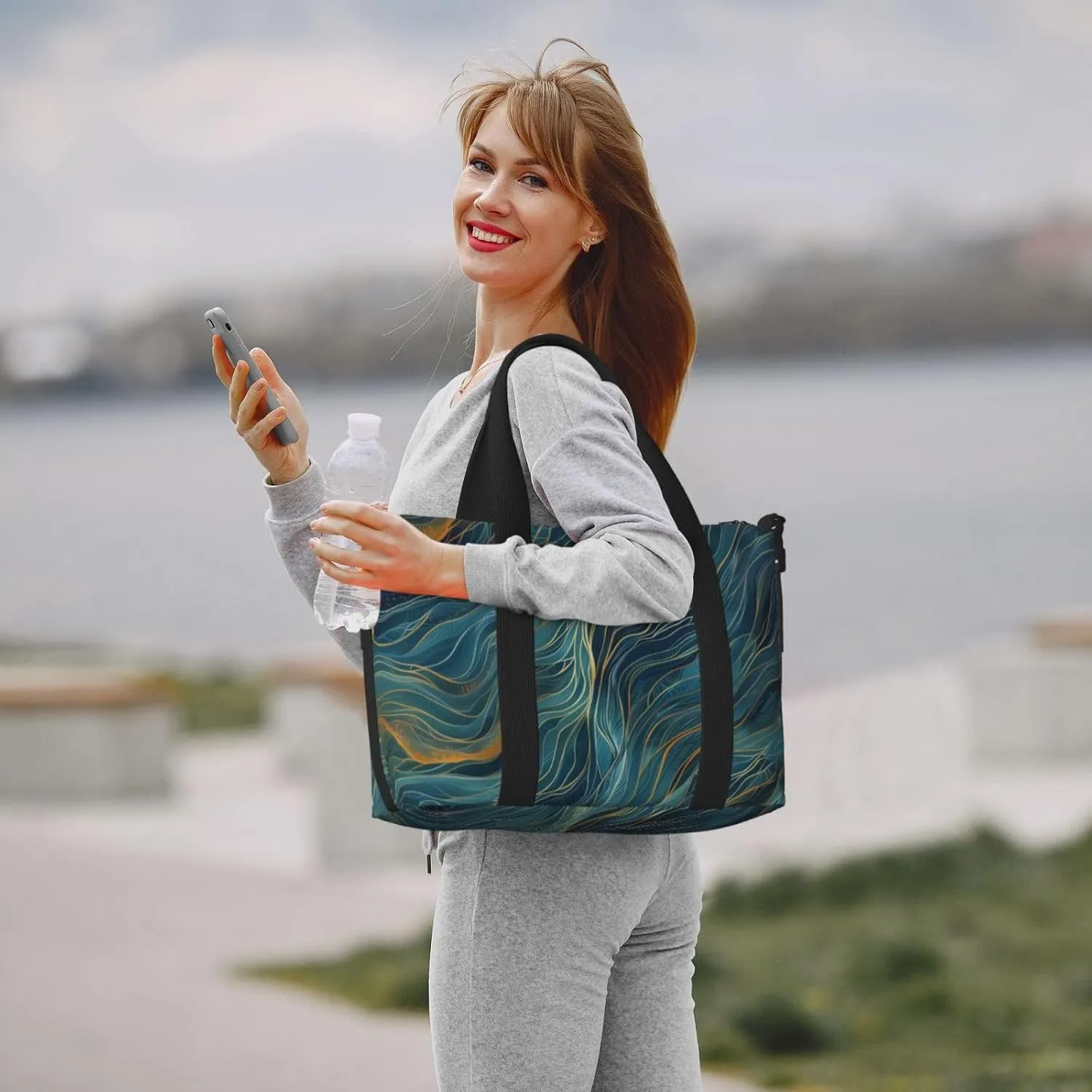wavy lines blues greens print Travel Duffel Bag, Sports Tote Gym Bag, Swim Pool Bag Large Shoulder Tote Bag for Beach Weekender