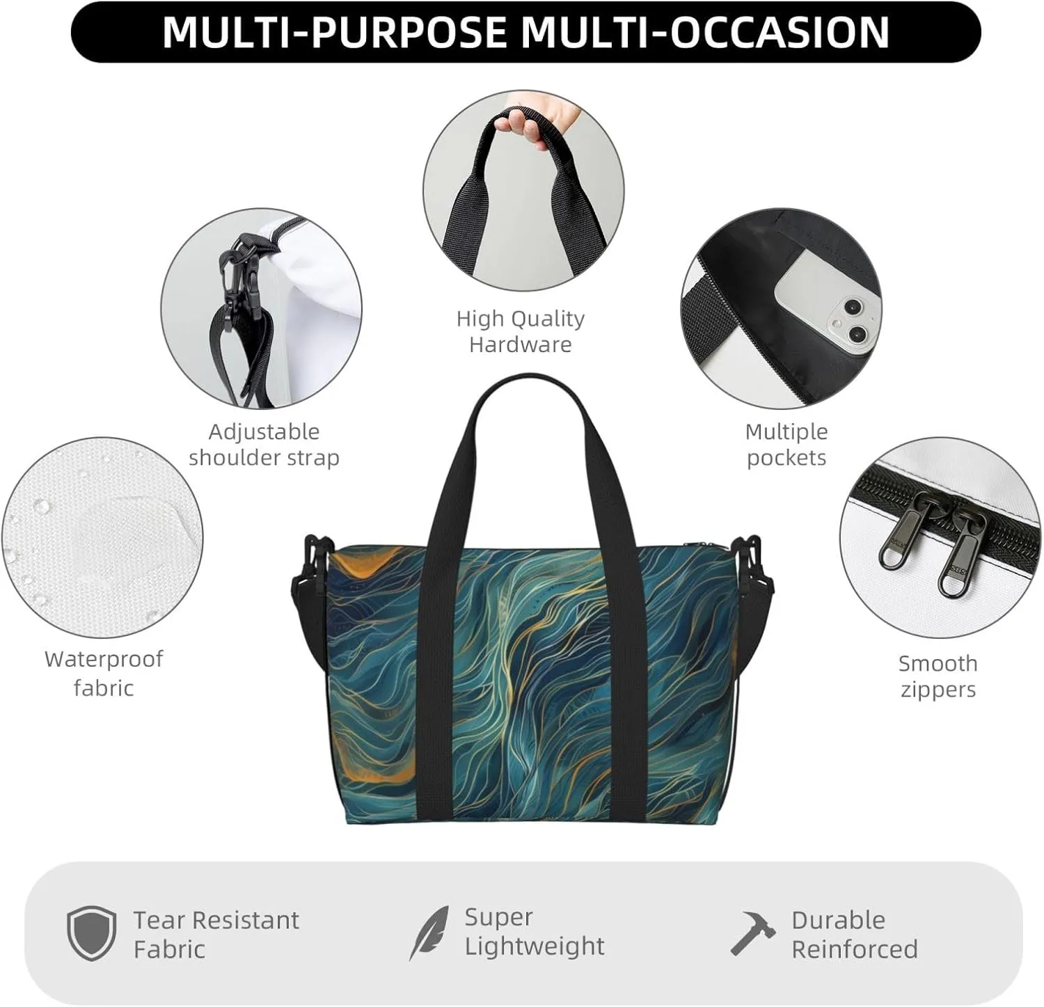 wavy lines blues greens print Travel Duffel Bag, Sports Tote Gym Bag, Swim Pool Bag Large Shoulder Tote Bag for Beach Weekender