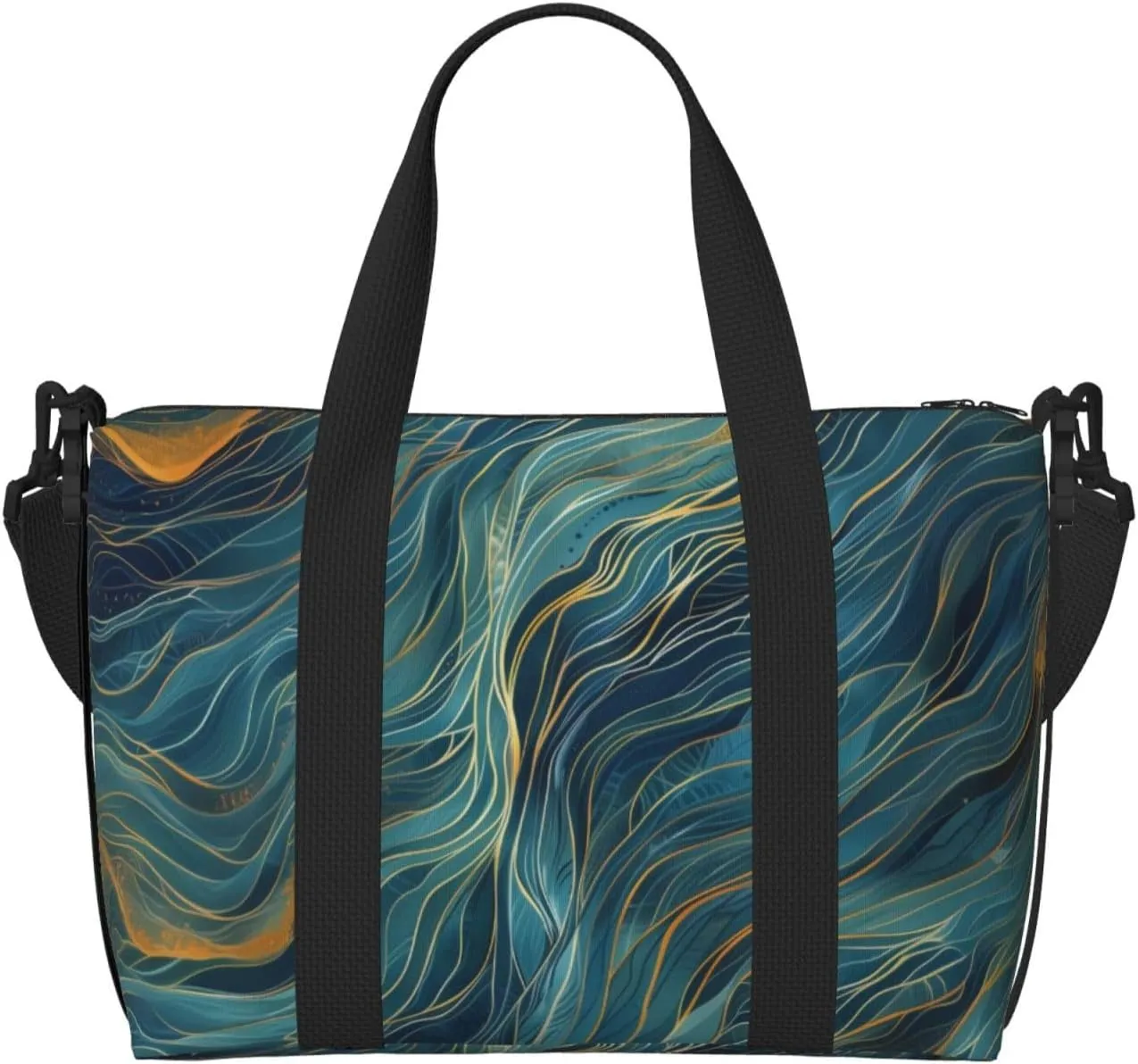 wavy lines blues greens print Travel Duffel Bag, Sports Tote Gym Bag, Swim Pool Bag Large Shoulder Tote Bag for Beach Weekender