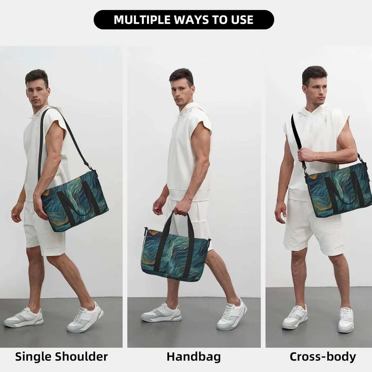 wavy lines blues greens print Travel Duffel Bag, Sports Tote Gym Bag, Swim Pool Bag Large Shoulder Tote Bag for Beach Weekender