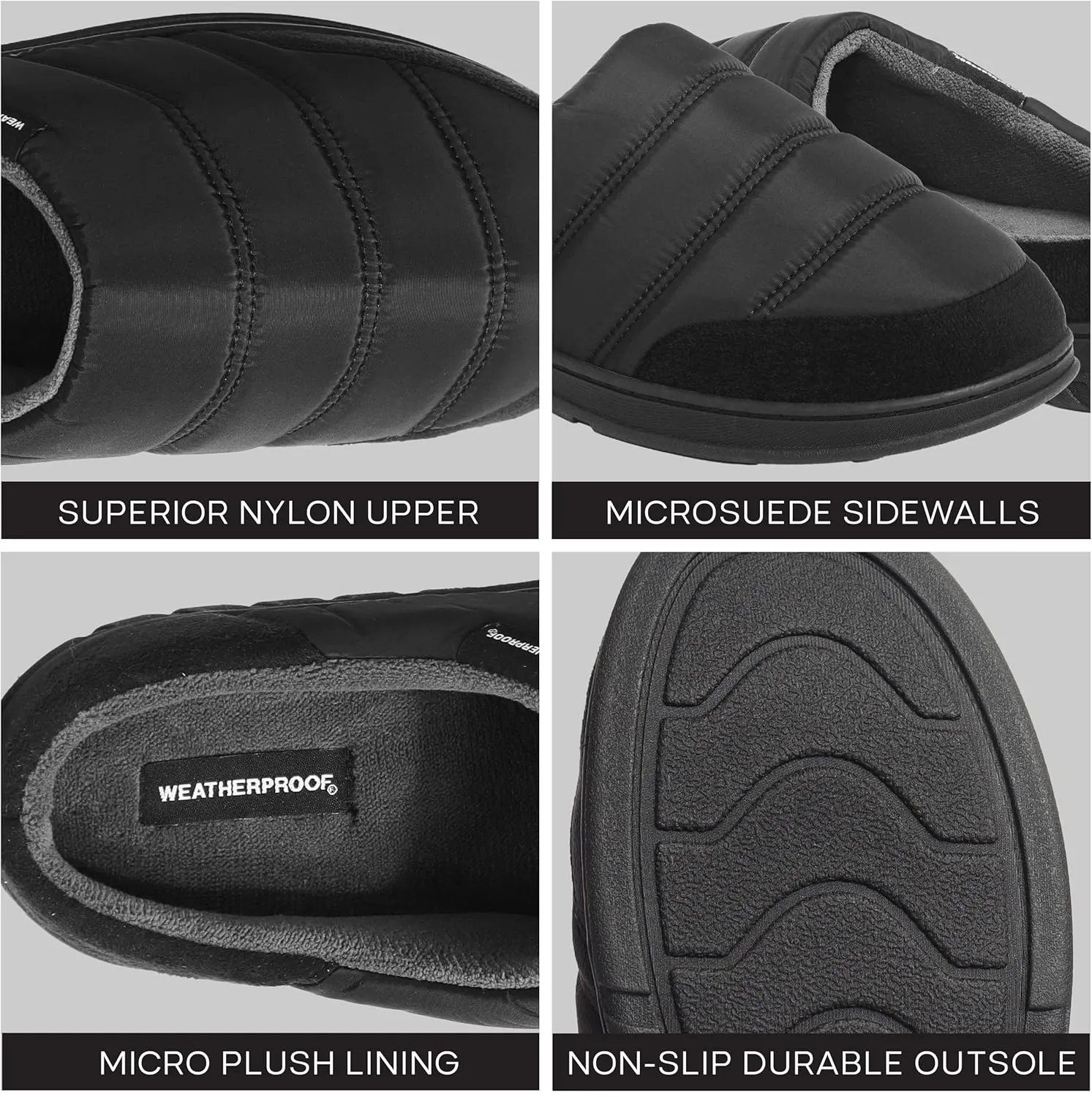 Weatherproof Puffer Nylon Memory Foam Slippers for Men, Cozy Lightweight Indoor Outdoor Slippers with Durable Non-Slip Sole