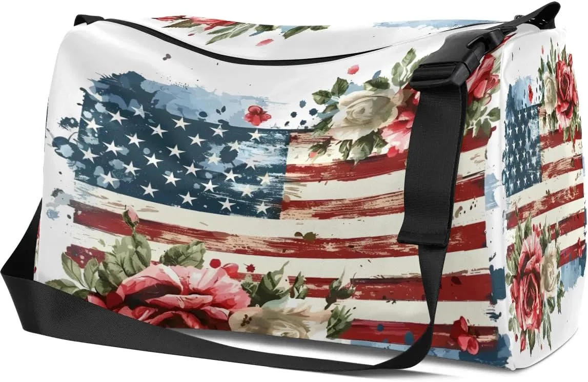 Weekend Bag America Flag Flora Printing Lightweight Carry On Duffel Bag Waterproof Gym Bag Pu Leather Duffle Bag for Workout Travel Sport