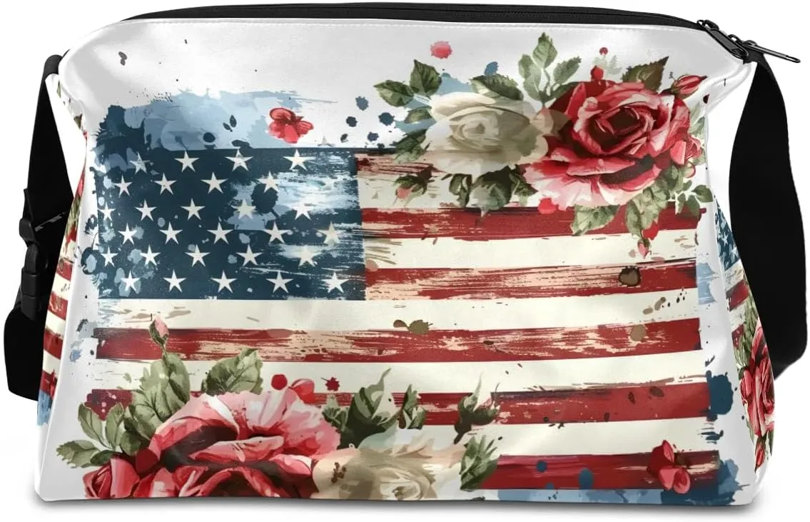 Weekend Bag America Flag Flora Printing Lightweight Carry On Duffel Bag Waterproof Gym Bag Pu Leather Duffle Bag for Workout Travel Sport