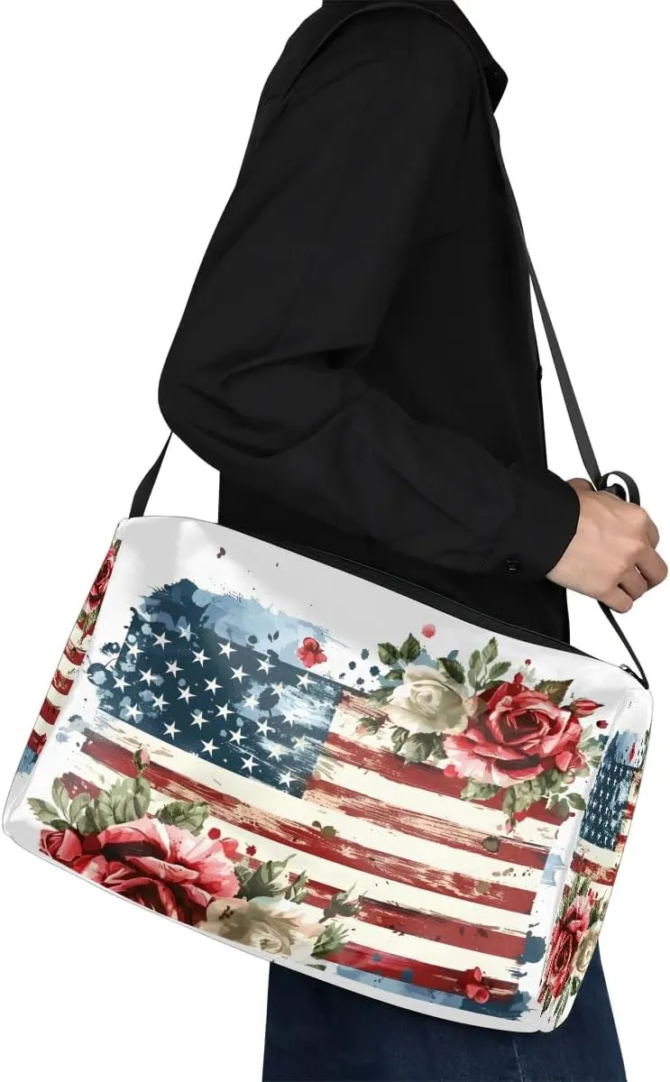 Weekend Bag America Flag Flora Printing Lightweight Carry On Duffel Bag Waterproof Gym Bag Pu Leather Duffle Bag for Workout Travel Sport