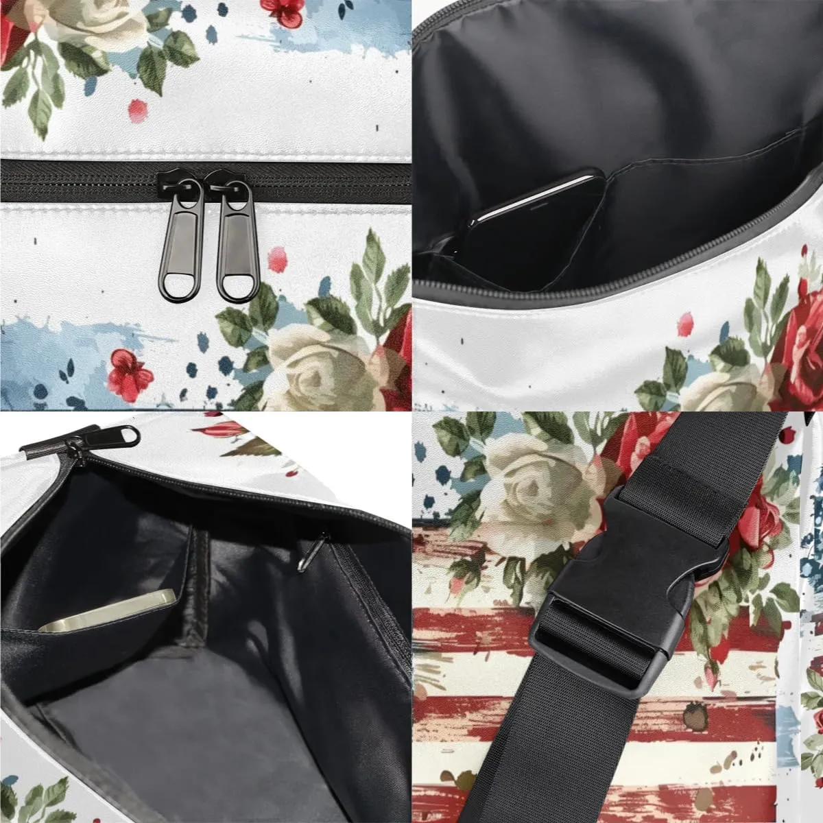 Weekend Bag America Flag Flora Printing Lightweight Carry On Duffel Bag Waterproof Gym Bag Pu Leather Duffle Bag for Workout Travel Sport