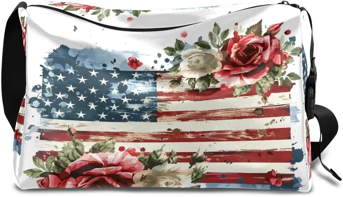 Weekend Bag America Flag Flora Printing Lightweight Carry On Duffel Bag Waterproof Gym Bag Pu Leather Duffle Bag for Workout Travel Sport