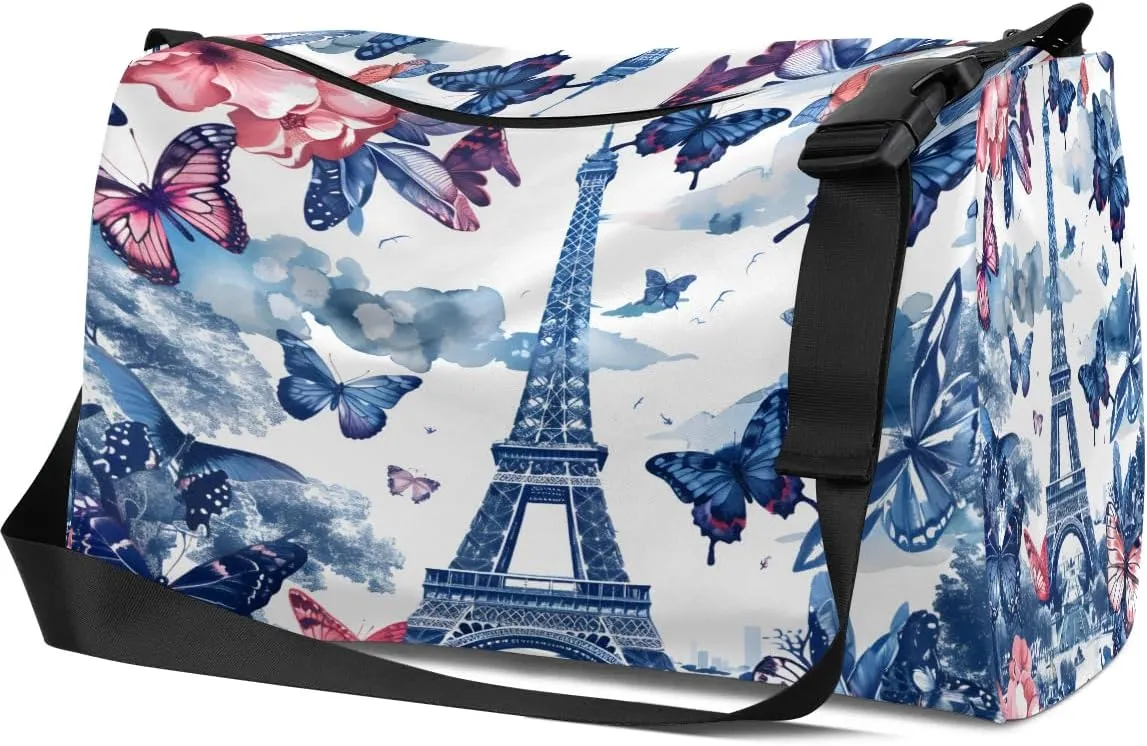 Weekend Bag Eiffel Tower Romance Printings Lightweight Carry On Duffel Bag Waterproof Gym Bag Pu Leather Duffle Bag for Workout Travel Sport