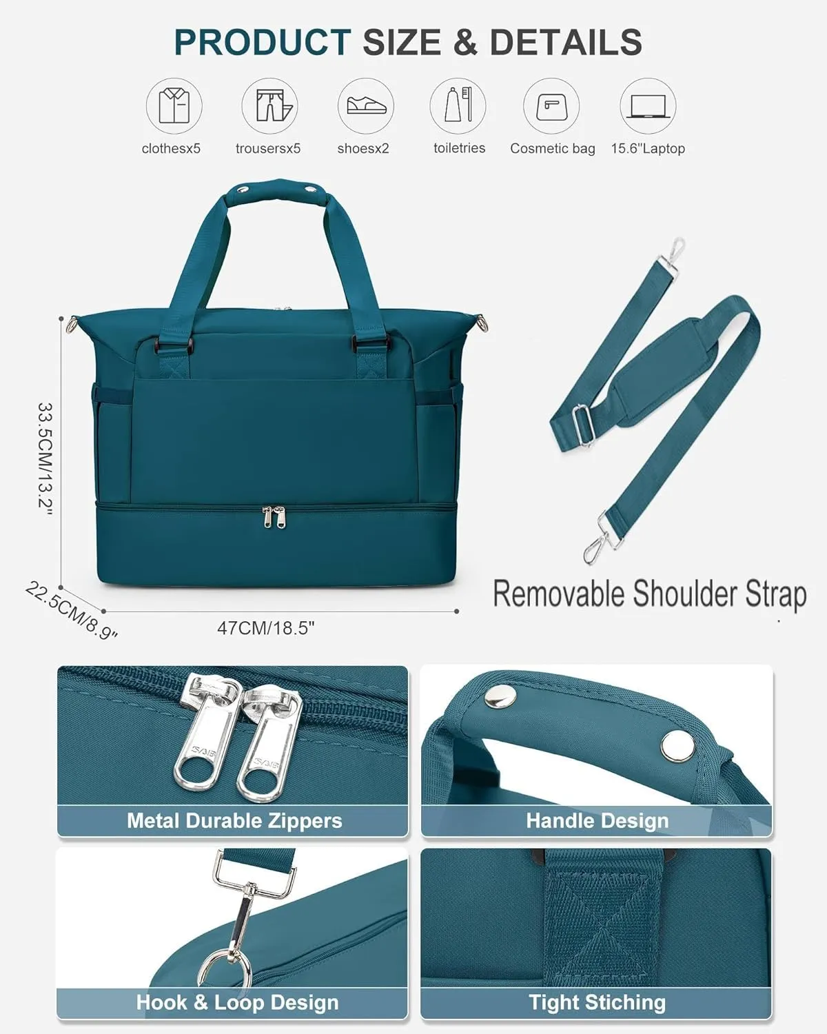 Weekender Bags for Women, Travel Duffel with Shoe Compartment USB Charging, Carry On Gym Duffle Bag with Wet Pocket, Personal Item Overnight Tote Bag for Airlines, Peacock Blue