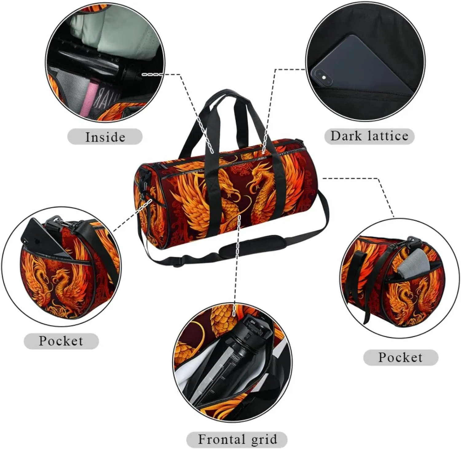 Weekender Travel Bag,Small Gym Bag,Chinese Dragon and Phoenix,Gym Duffle Bag