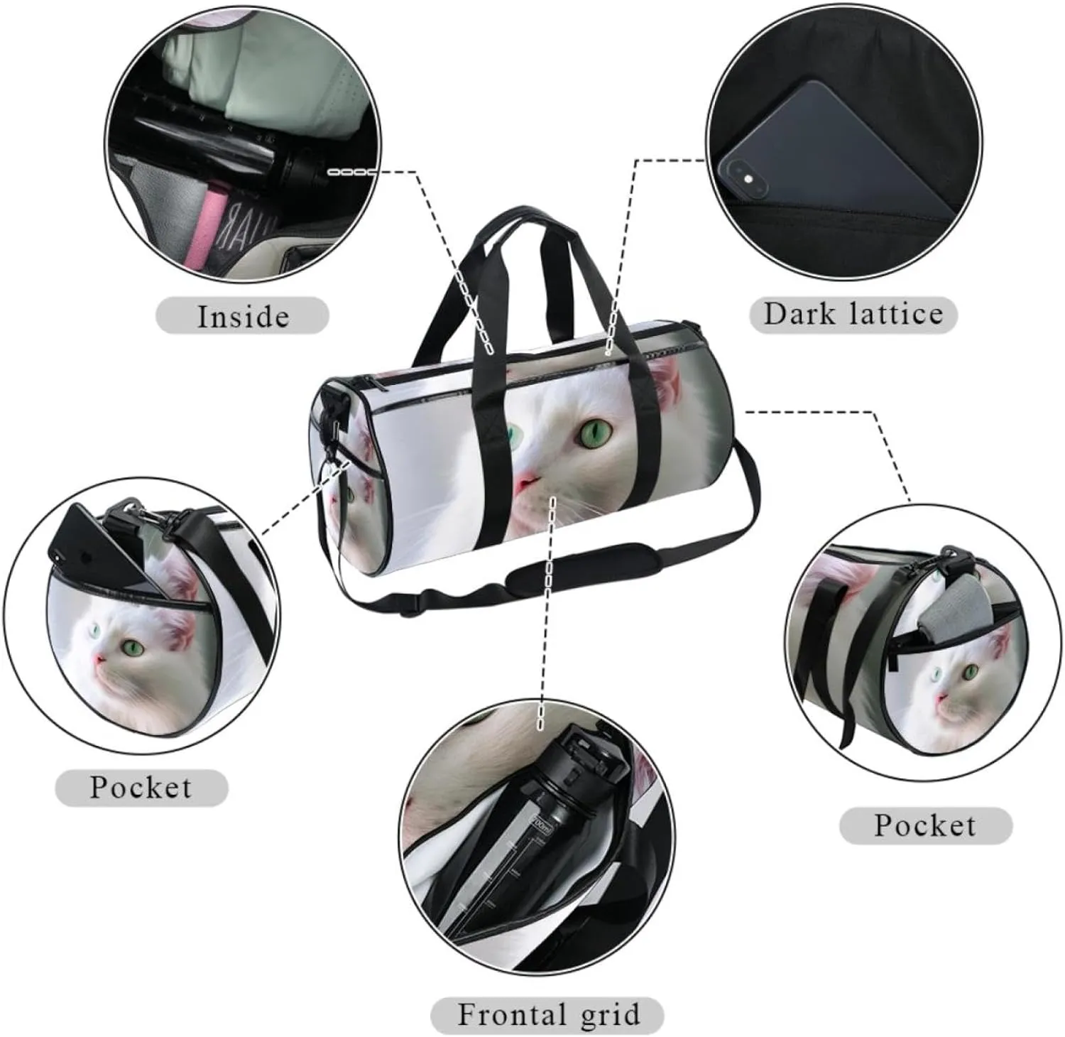 Weekender Travel Bag,Small Gym Bag,Cute Animal White Cat,Gym Duffle Bag
