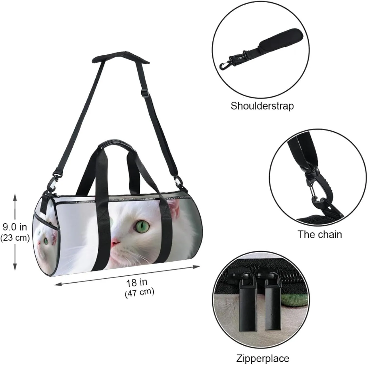 Weekender Travel Bag,Small Gym Bag,Cute Animal White Cat,Gym Duffle Bag