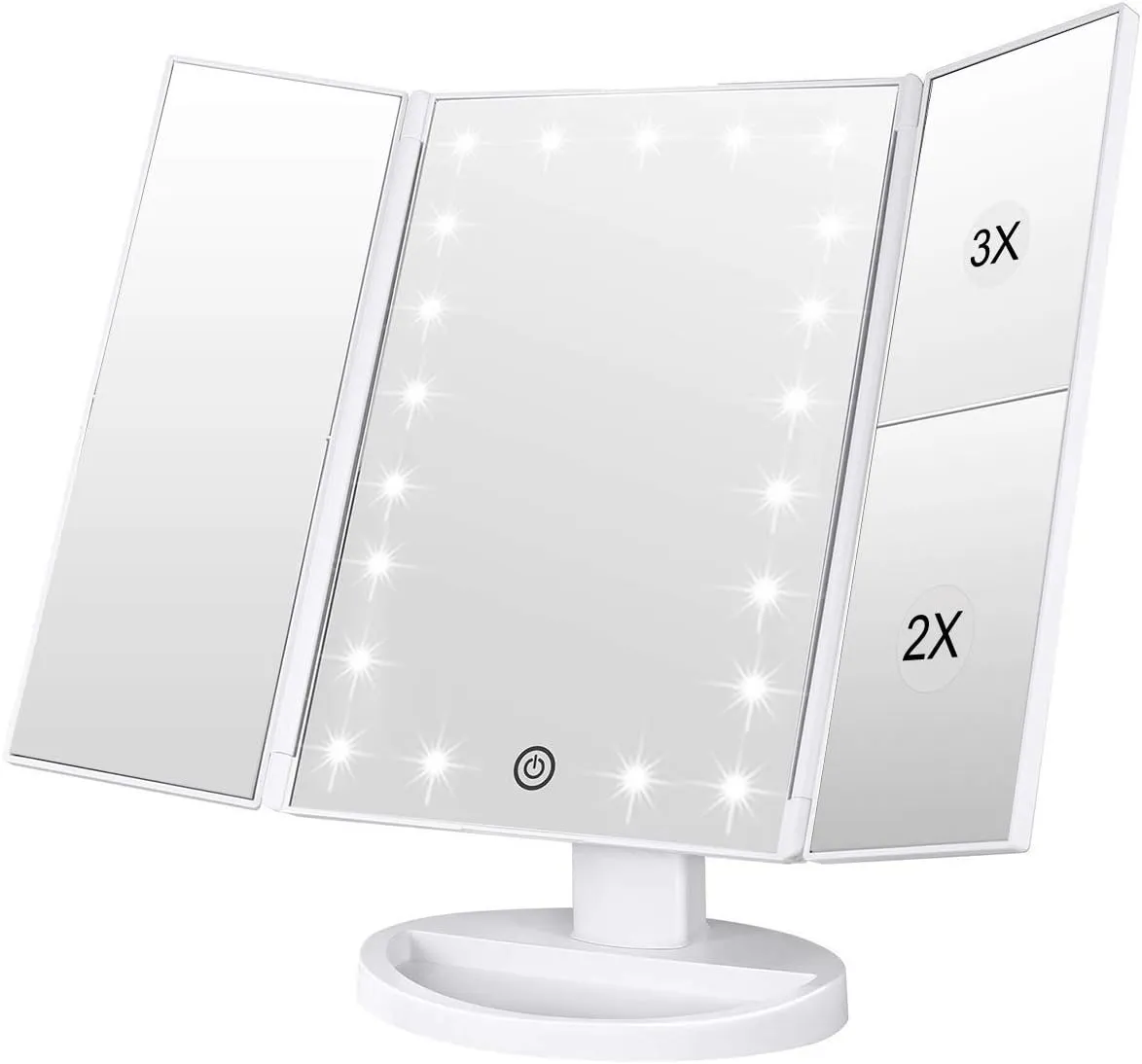 WEILY Makeup Mirror, 1x /2x/3x Trifold Makeup Mirror with 21 LED Lights and Adjustable Touch Screen Mirror Cosmetic Countertop Mirrors (White)