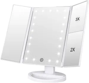 WEILY Makeup Mirror, 1x /2x/3x Trifold Makeup Mirror with 21 LED Lights and Adjustable Touch Screen Mirror Cosmetic Countertop Mirrors (White)