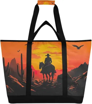 Western Desert Cowboy Reusable Insulated Lunchbox Cooler Bag, Leakproof Kitchen Grocery Bag Collapsible Portable Cooler Tote Bag for Picnic, Camping, Office, Travel