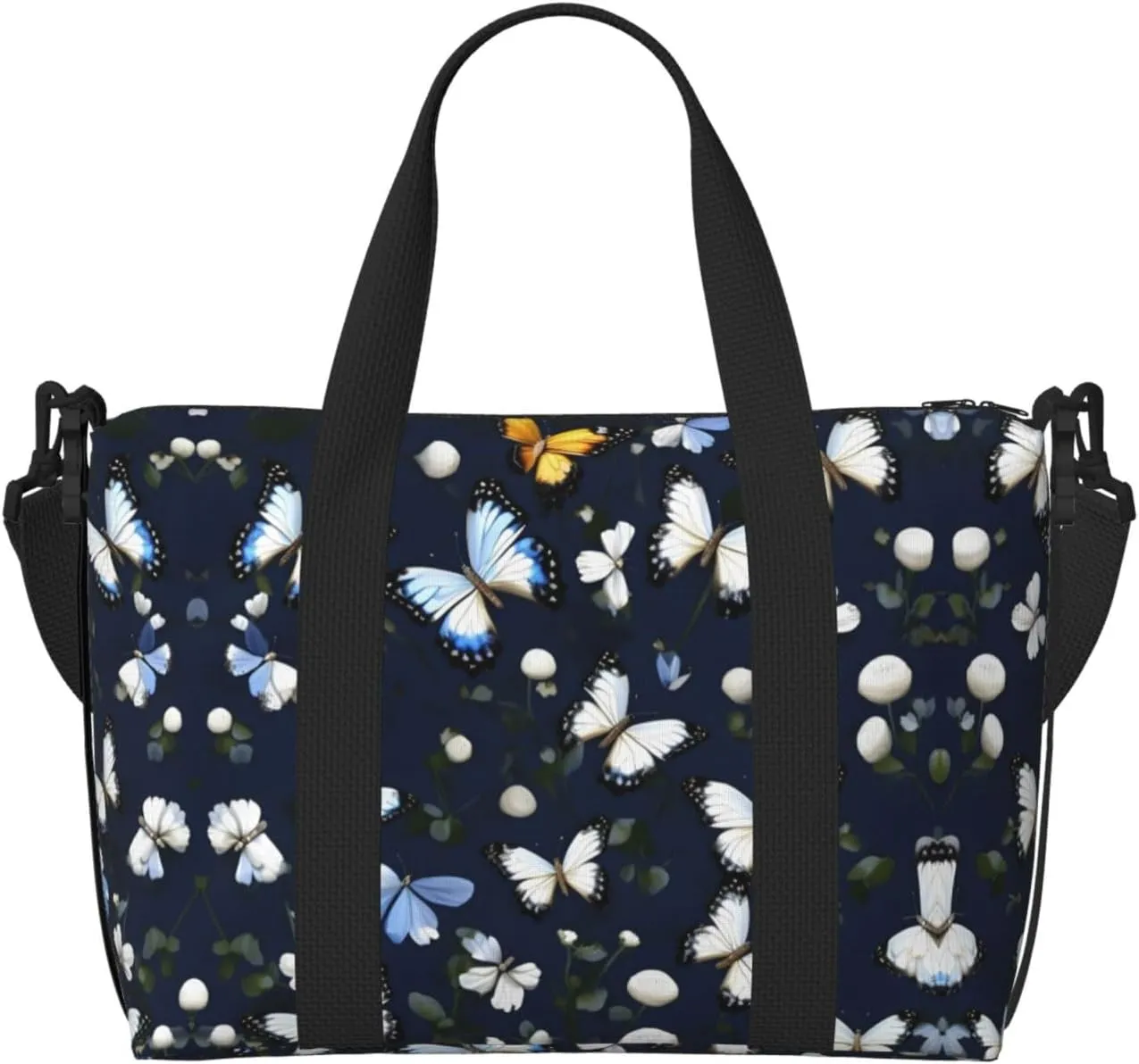 White Blooms with Blue Butterflies print Travel Duffel Bag,workout duffel bag, overnight shoulder Bag,Weekender Bag for Women Men