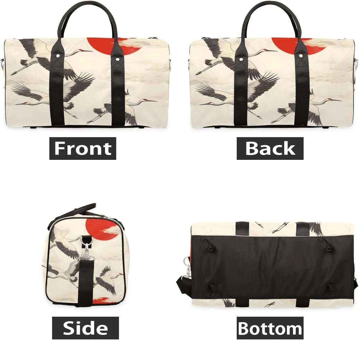 White Crane Travel Duffle Bag for Women Men Gym Duffel Foldable Bag Waterproof Weekender Red Sun Duffle Tote