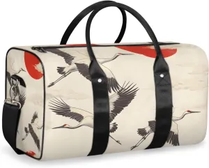 White Crane Travel Duffle Bag for Women Men Gym Duffel Foldable Bag Waterproof Weekender Red Sun Duffle Tote