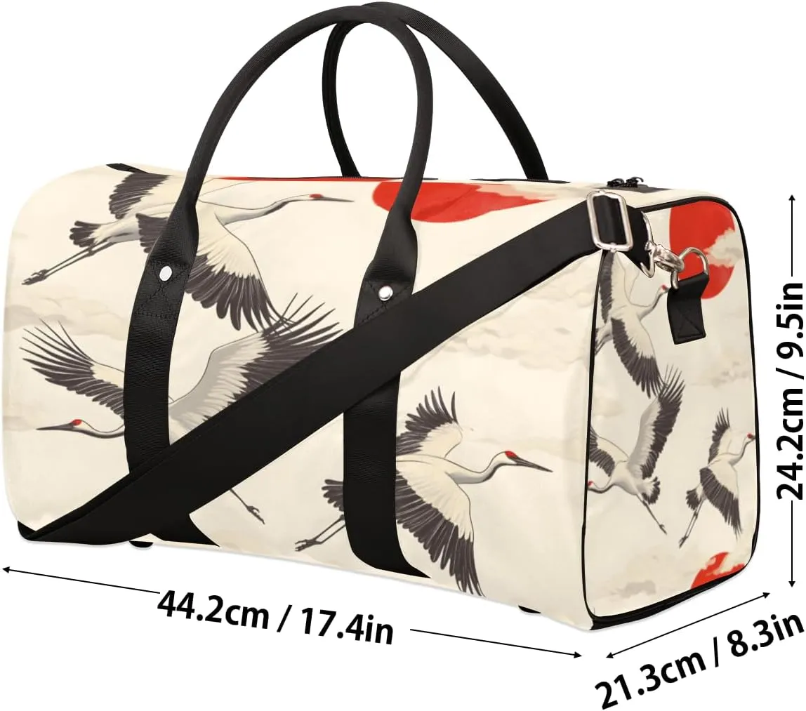 White Crane Travel Duffle Bag for Women Men Gym Duffel Foldable Bag Waterproof Weekender Red Sun Duffle Tote