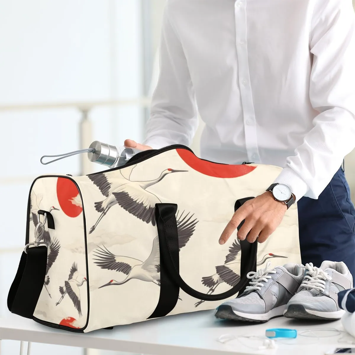 White Crane Travel Duffle Bag for Women Men Gym Duffel Foldable Bag Waterproof Weekender Red Sun Duffle Tote