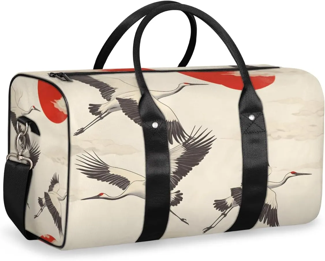 White Crane Travel Duffle Bag for Women Men Gym Duffel Foldable Bag Waterproof Weekender Red Sun Duffle Tote