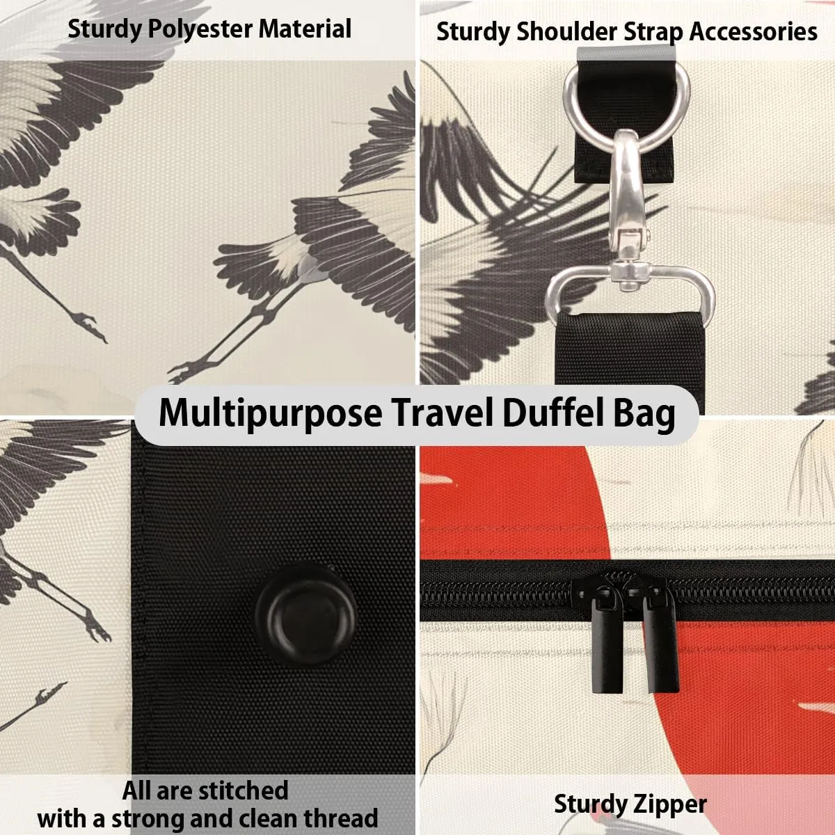 White Crane Travel Duffle Bag for Women Men Gym Duffel Foldable Bag Waterproof Weekender Red Sun Duffle Tote