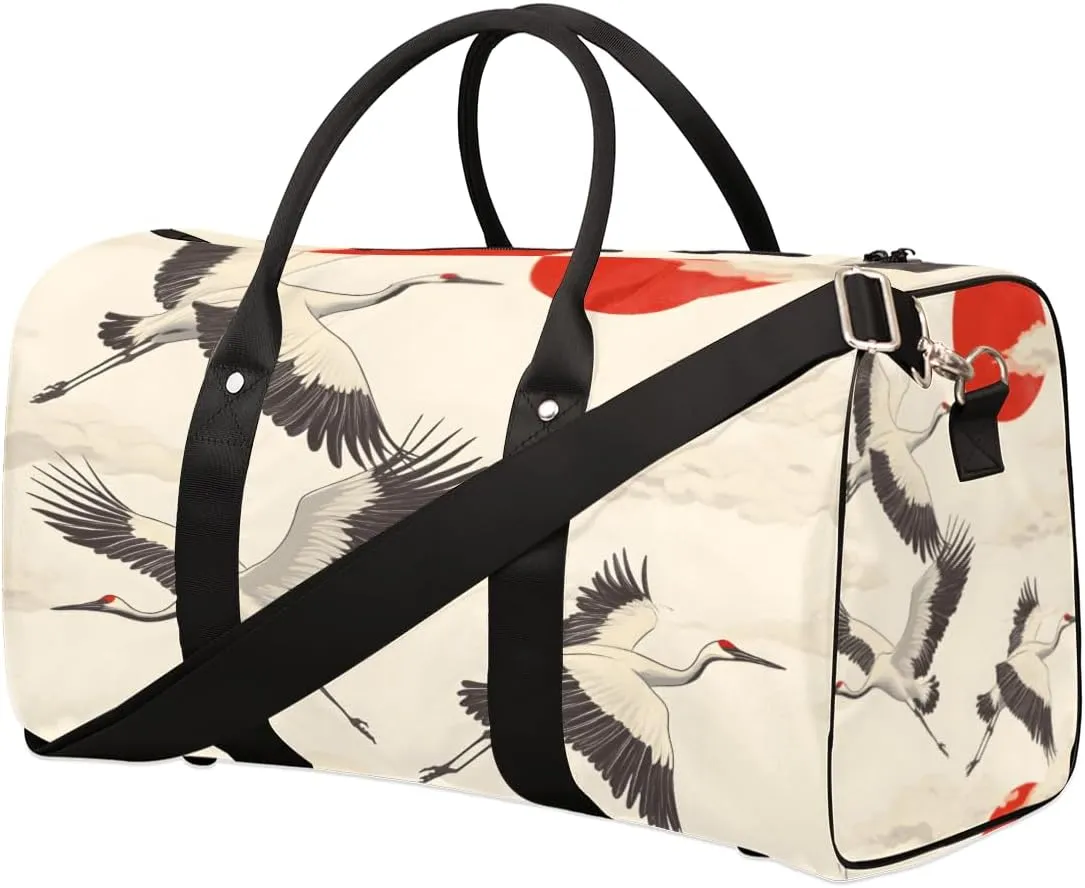 White Crane Travel Duffle Bag for Women Men Gym Duffel Foldable Bag Waterproof Weekender Red Sun Duffle Tote