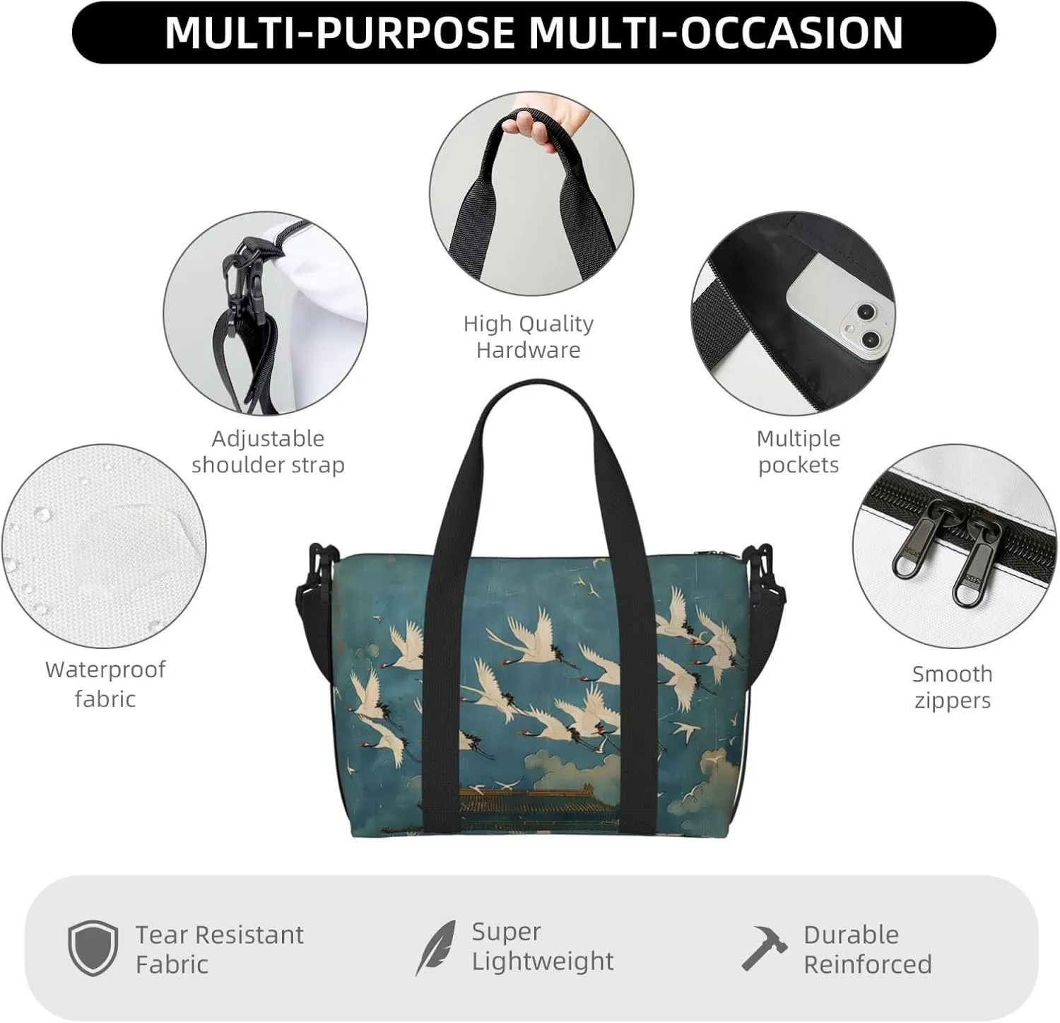 white cranes print Travel Duffel Bag, Sports Tote Gym Bag, Swim Pool Bag Large Shoulder Tote Bag for Beach Weekender
