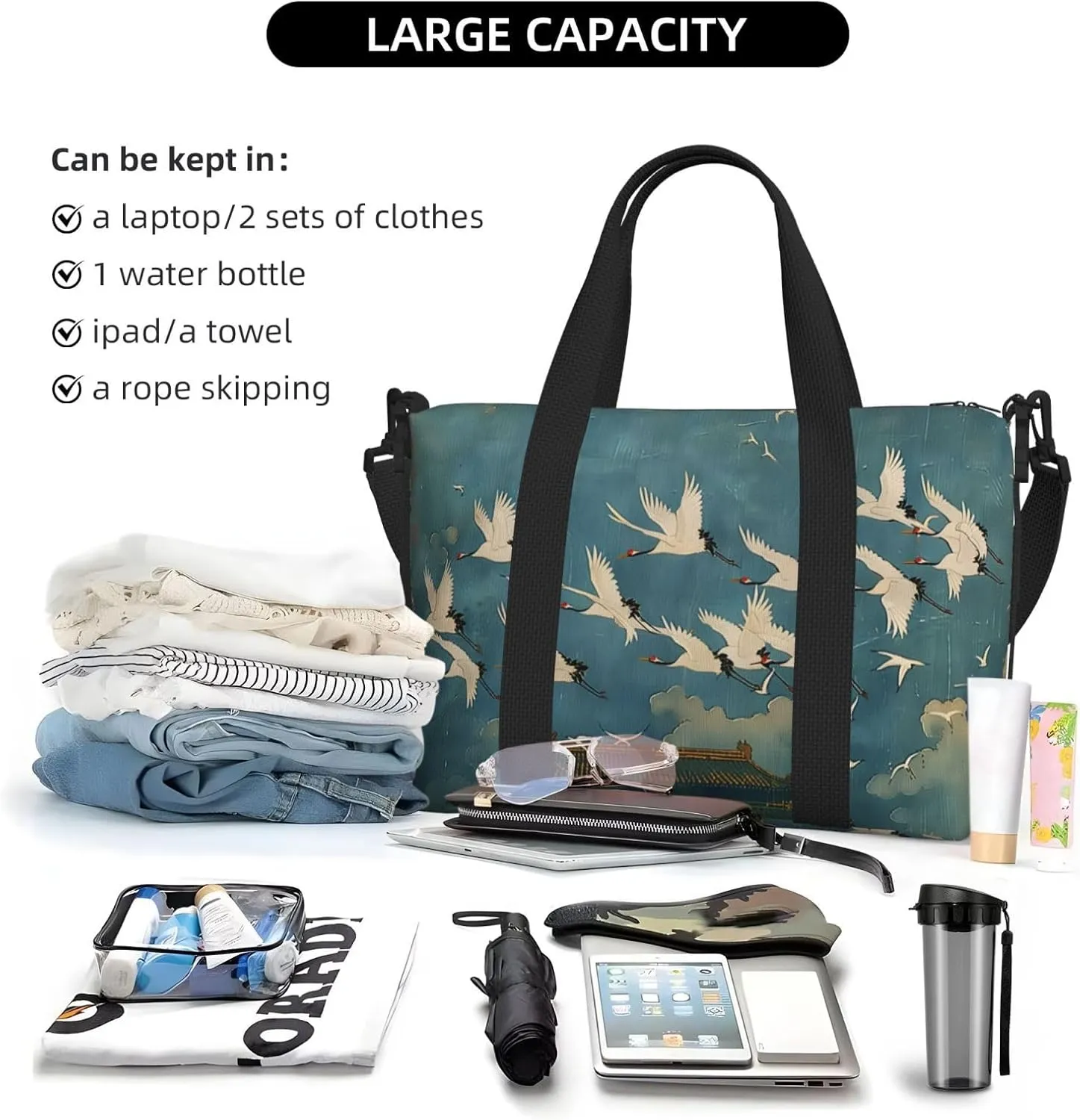 white cranes print Travel Duffel Bag, Sports Tote Gym Bag, Swim Pool Bag Large Shoulder Tote Bag for Beach Weekender