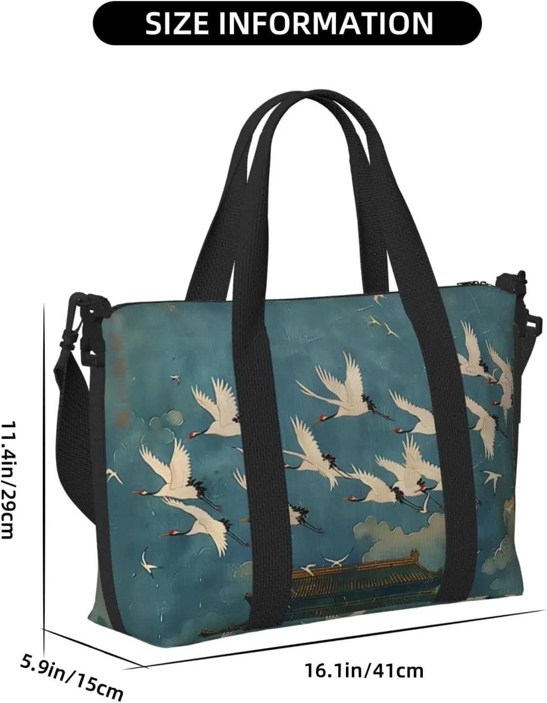 white cranes print Travel Duffel Bag, Sports Tote Gym Bag, Swim Pool Bag Large Shoulder Tote Bag for Beach Weekender