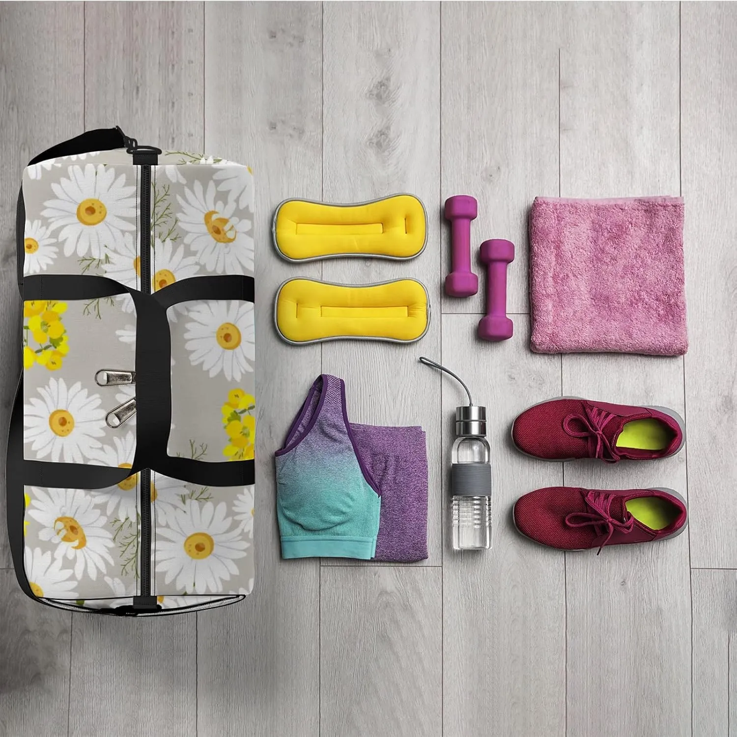 White Daisies and Wildflowers Sports Bag Tote Bag Waterproof Gym Bag with Shoulder Strap Zipper 2 Side Pockets for Men and Women, Travel and Storage Shoulder Bag.