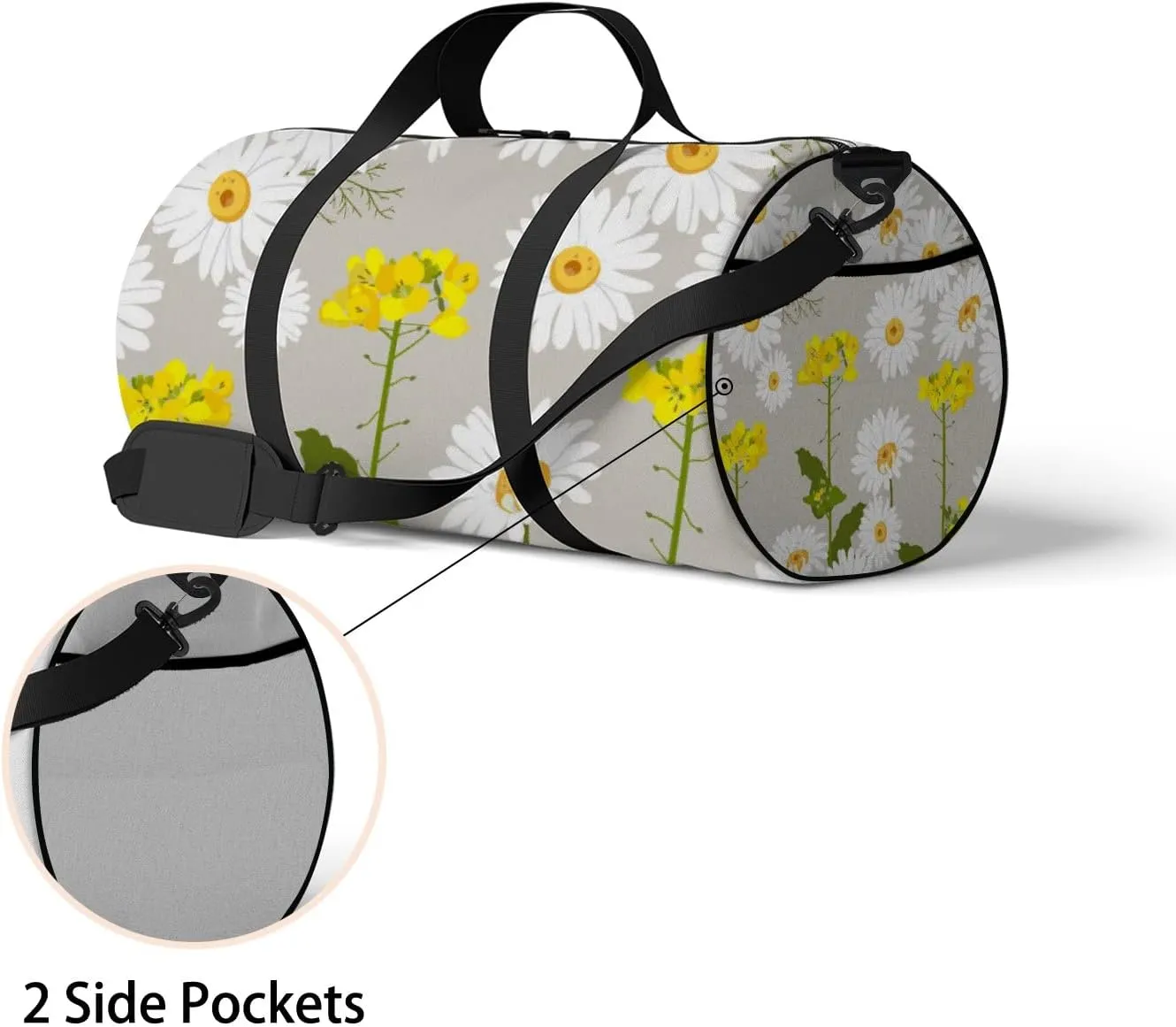 White Daisies and Wildflowers Sports Bag Tote Bag Waterproof Gym Bag with Shoulder Strap Zipper 2 Side Pockets for Men and Women, Travel and Storage Shoulder Bag.