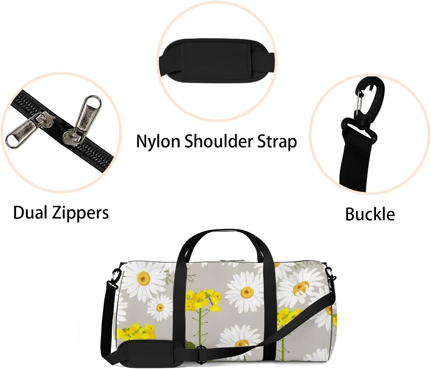 White Daisies and Wildflowers Sports Bag Tote Bag Waterproof Gym Bag with Shoulder Strap Zipper 2 Side Pockets for Men and Women, Travel and Storage Shoulder Bag.