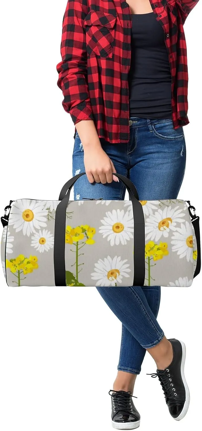 White Daisies and Wildflowers Sports Bag Tote Bag Waterproof Gym Bag with Shoulder Strap Zipper 2 Side Pockets for Men and Women, Travel and Storage Shoulder Bag.